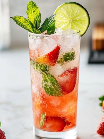 Homemade strawberry mojito mocktail with mint, lime, and strawberries served in a clear glass