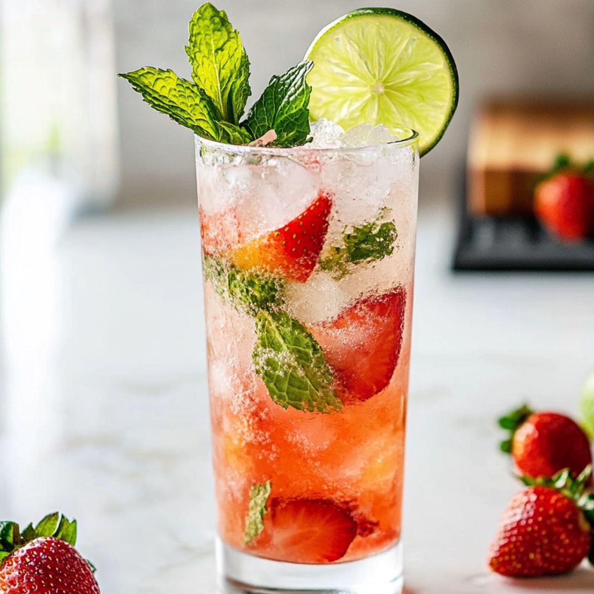 Homemade strawberry mojito mocktail with mint, lime, and strawberries served in a clear glass