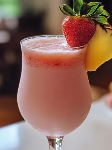 Homemade strawberry pina colada in a glass with strawberry and pineapple garnish on a white counter