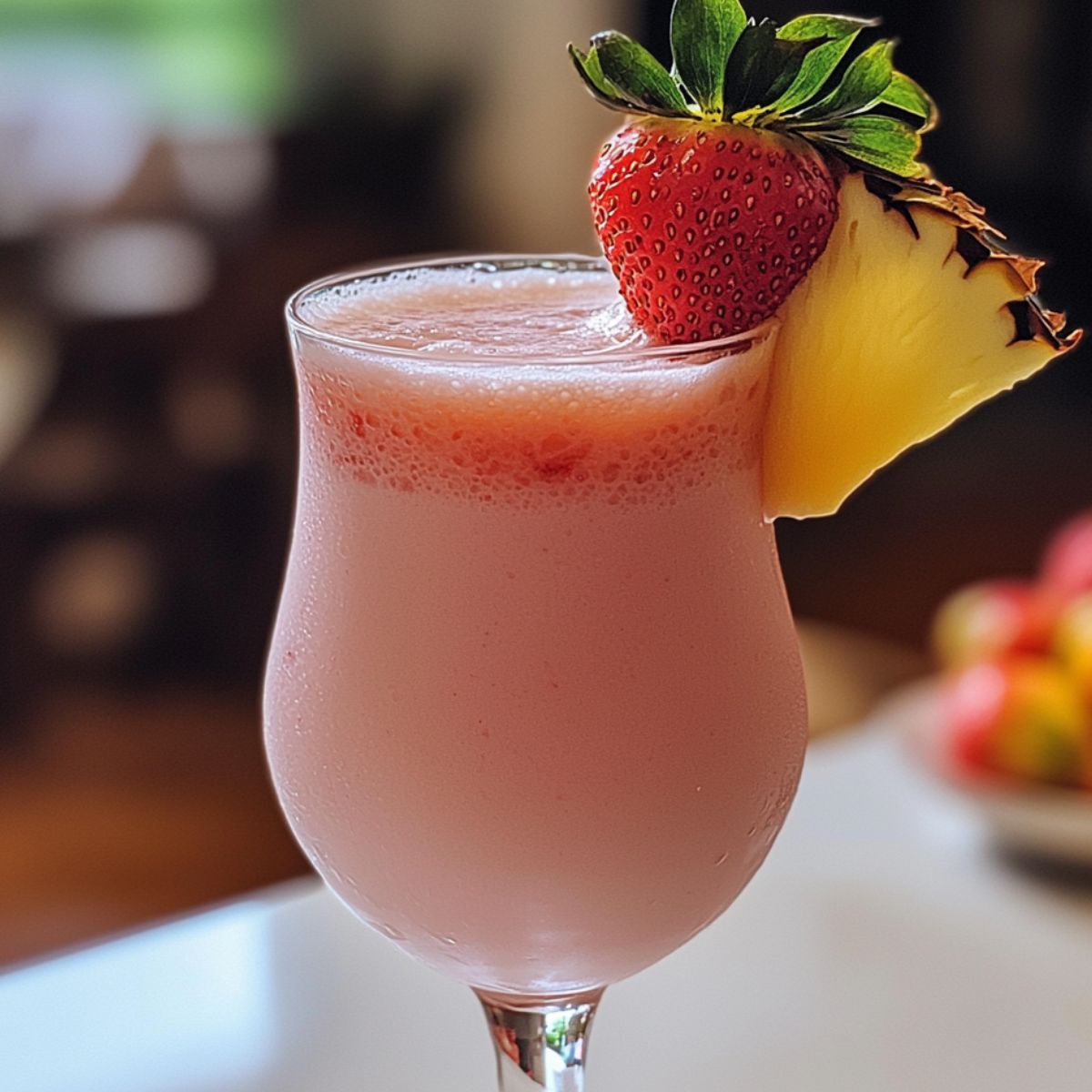 Homemade strawberry pina colada in a glass with strawberry and pineapple garnish on a white counter