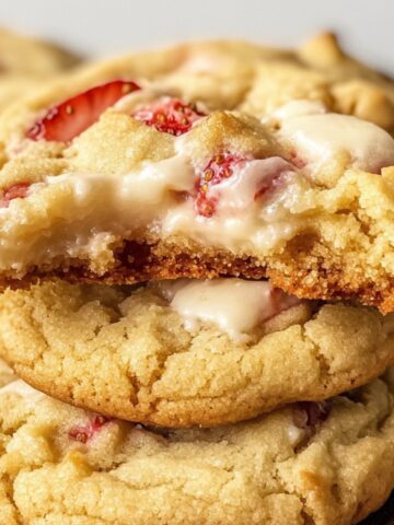 Strawberry cheesecake cookies stacked on a white plate with a gooey center