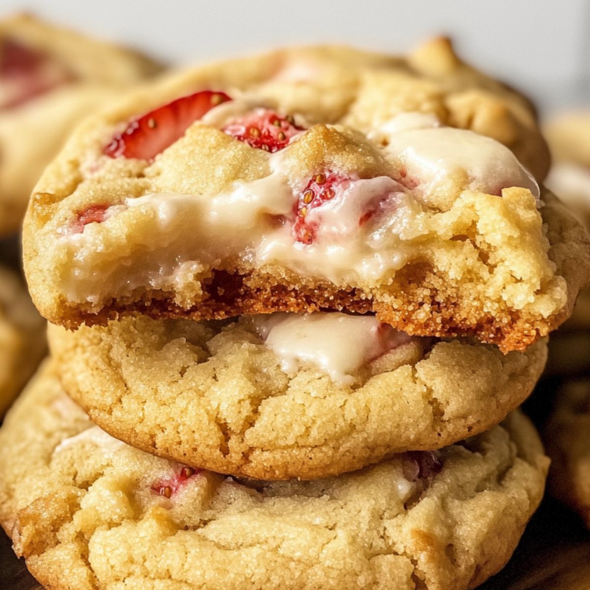 Strawberry cheesecake cookies stacked on a white plate with a gooey center