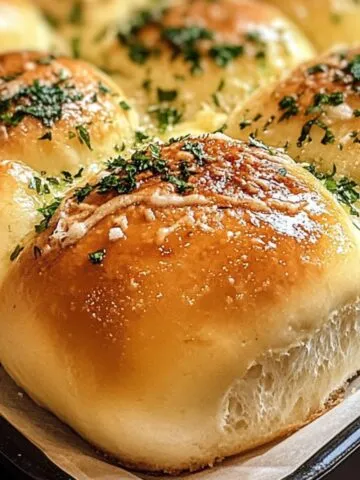 Freshly baked garlic butter bread rolls brushed with garlic butter on a baking pan