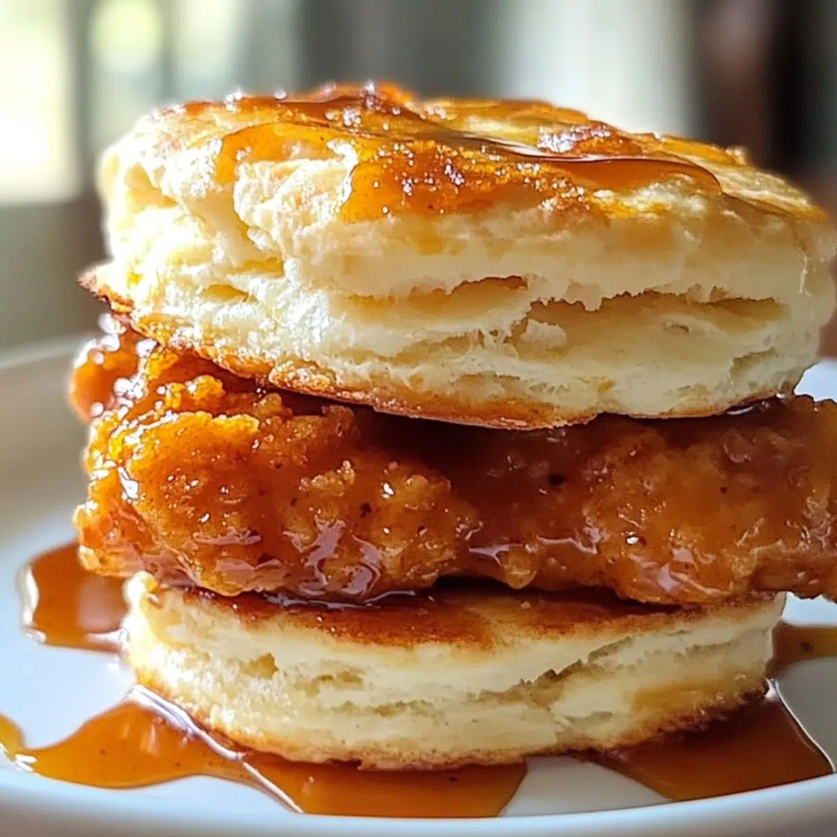 Overhead shot of homemade hot honey chicken biscuits with spicy honey glaze on a white kitchen counter