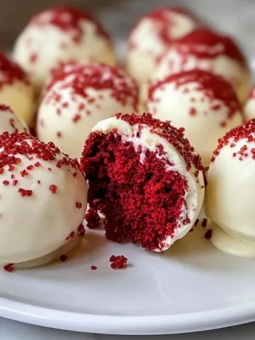 Finished red velvet cheesecake bites on a white plate with a drizzle of chocolate