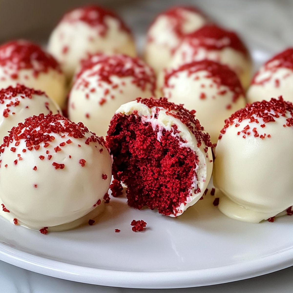 Finished red velvet cheesecake bites on a white plate with a drizzle of chocolate
