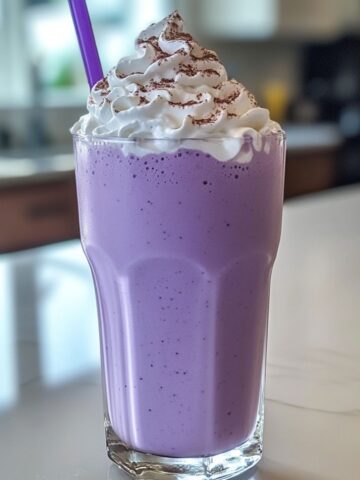 Close up shot of a glass of taro milk tea on a white kitchen counter