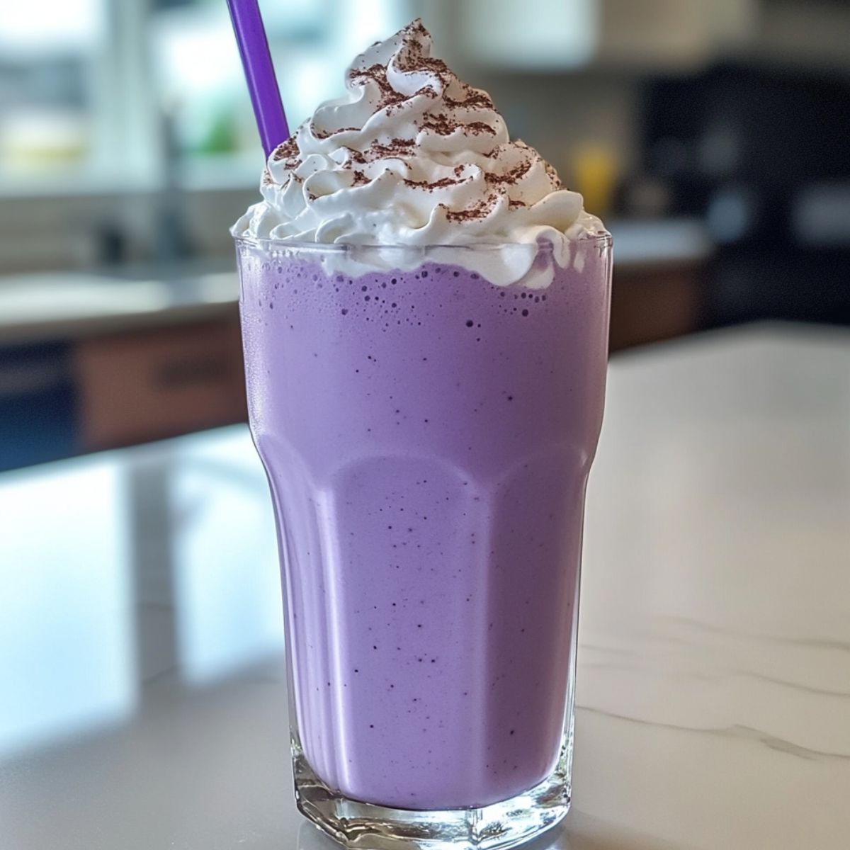 Close up shot of a glass of taro milk tea on a white kitchen counter 