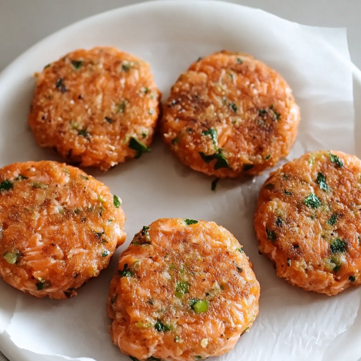 Formed salmon patties arranged on a plate, ready to chill in the fridge