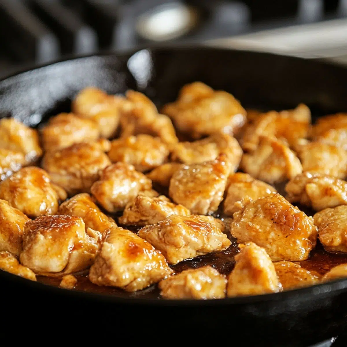 Chicken frying in a cast iron skillet in a home kitchen for hot honey chicken biscuits