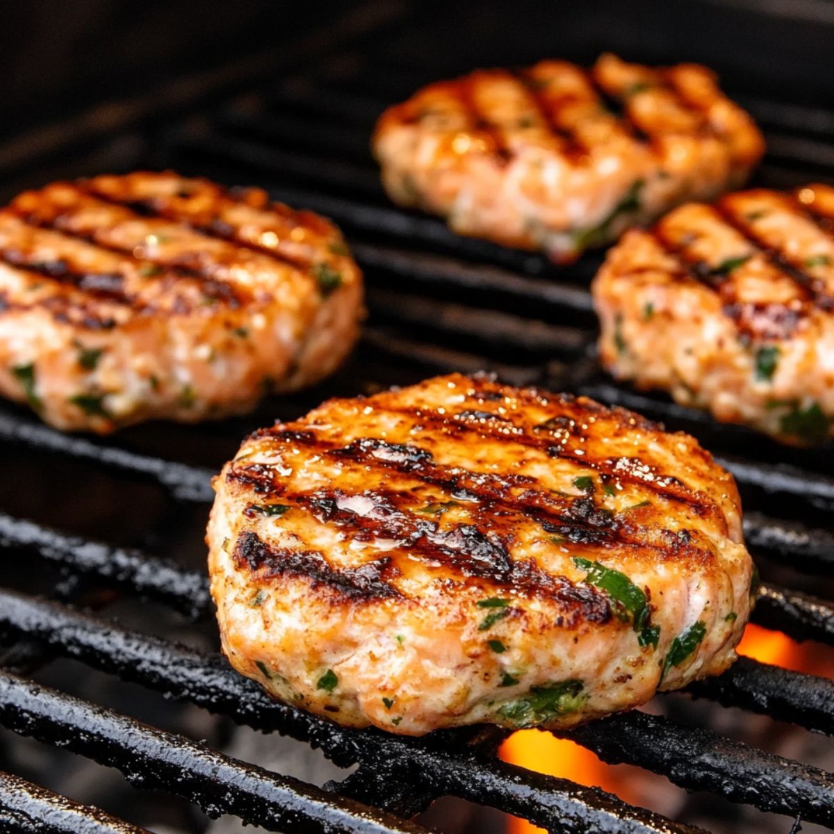 Salmon patties cooking on an outdoor grill with visible grill marks