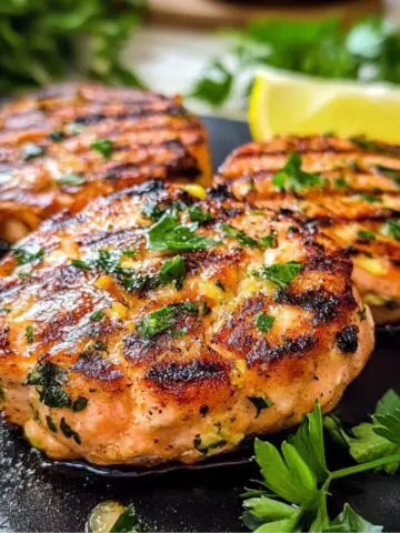 Freshly grilled salmon patties served with lemon