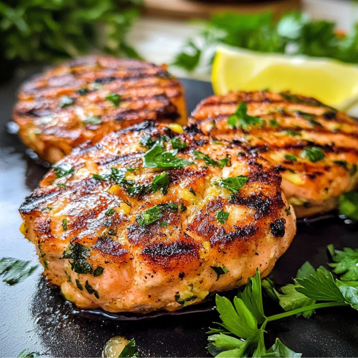 Freshly grilled salmon patties served with lemon