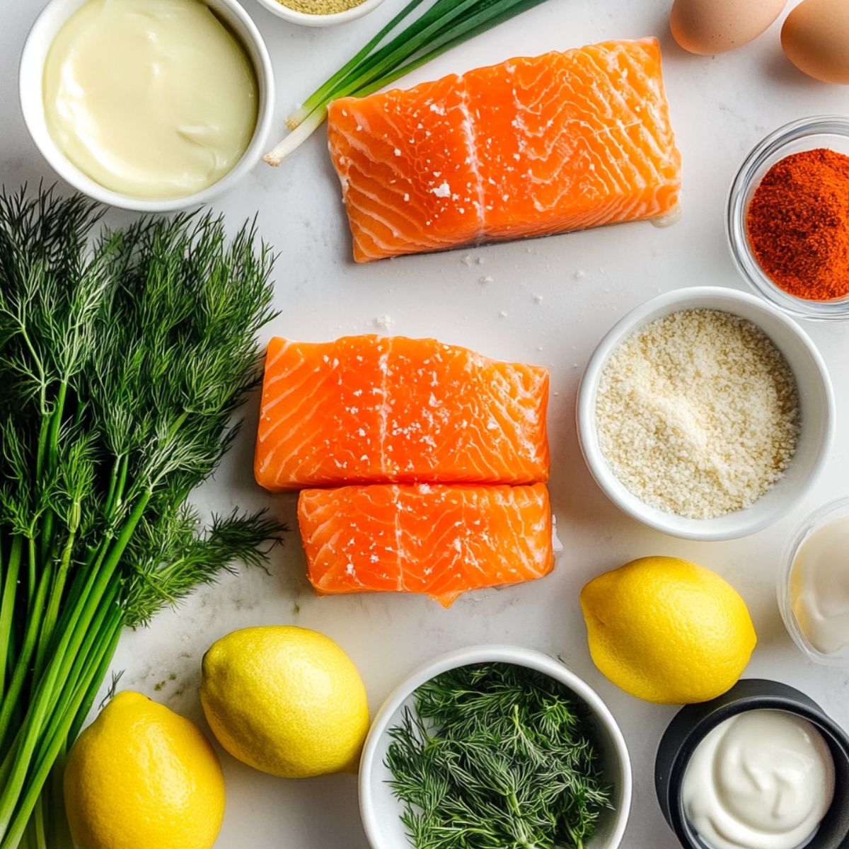 Ingredients for grilled salmon patties arranged casually on a white kitchen counter