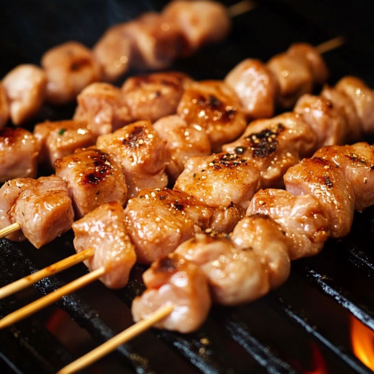 Grilling bang bang chicken skewers and brushing them with sauce