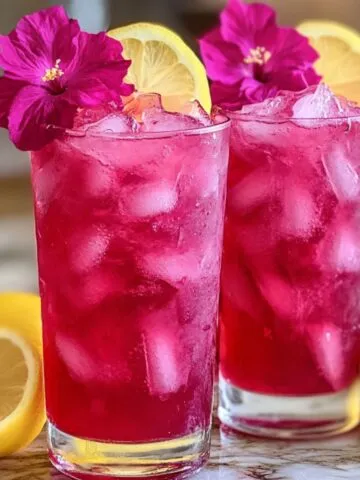 Glass of homemade hibiscus lemonade with lemon and mint on a kitchen counter