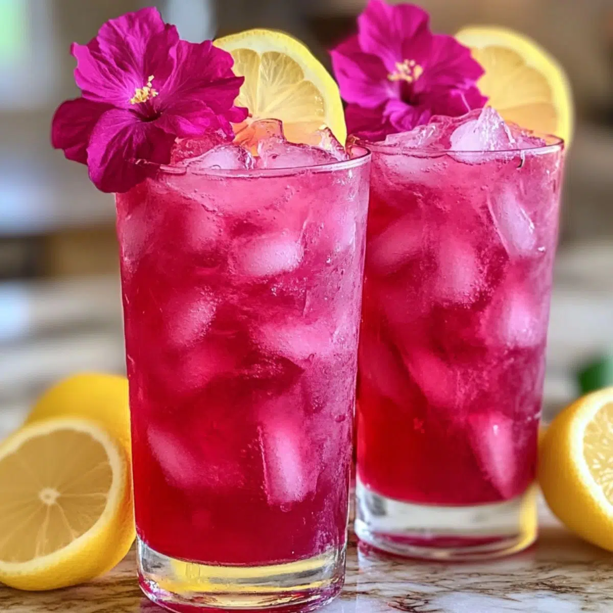 Glass of homemade hibiscus lemonade with lemon and mint on a kitchen counter