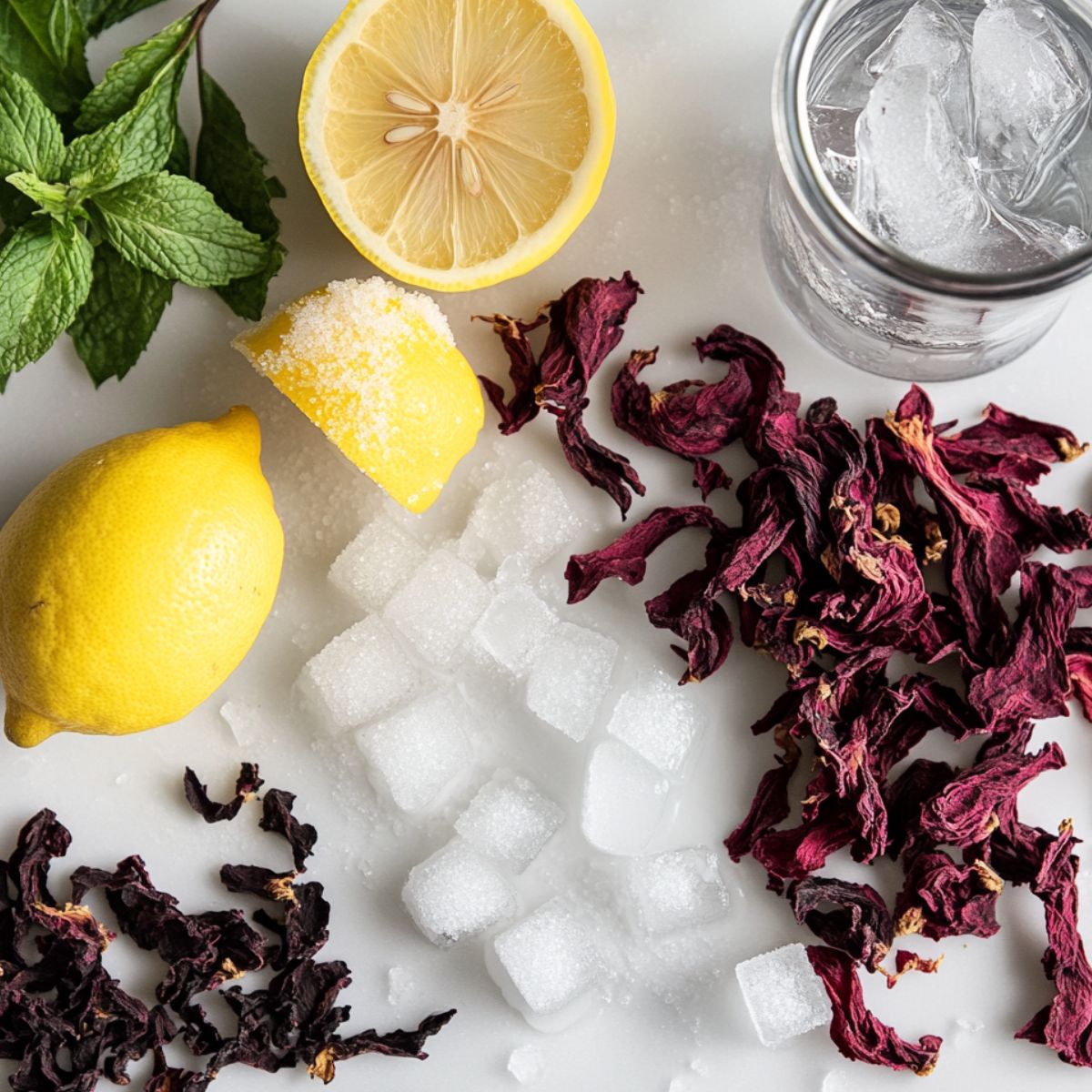 Flat lay of ingredients for hibiscus lemonade on a white counter
