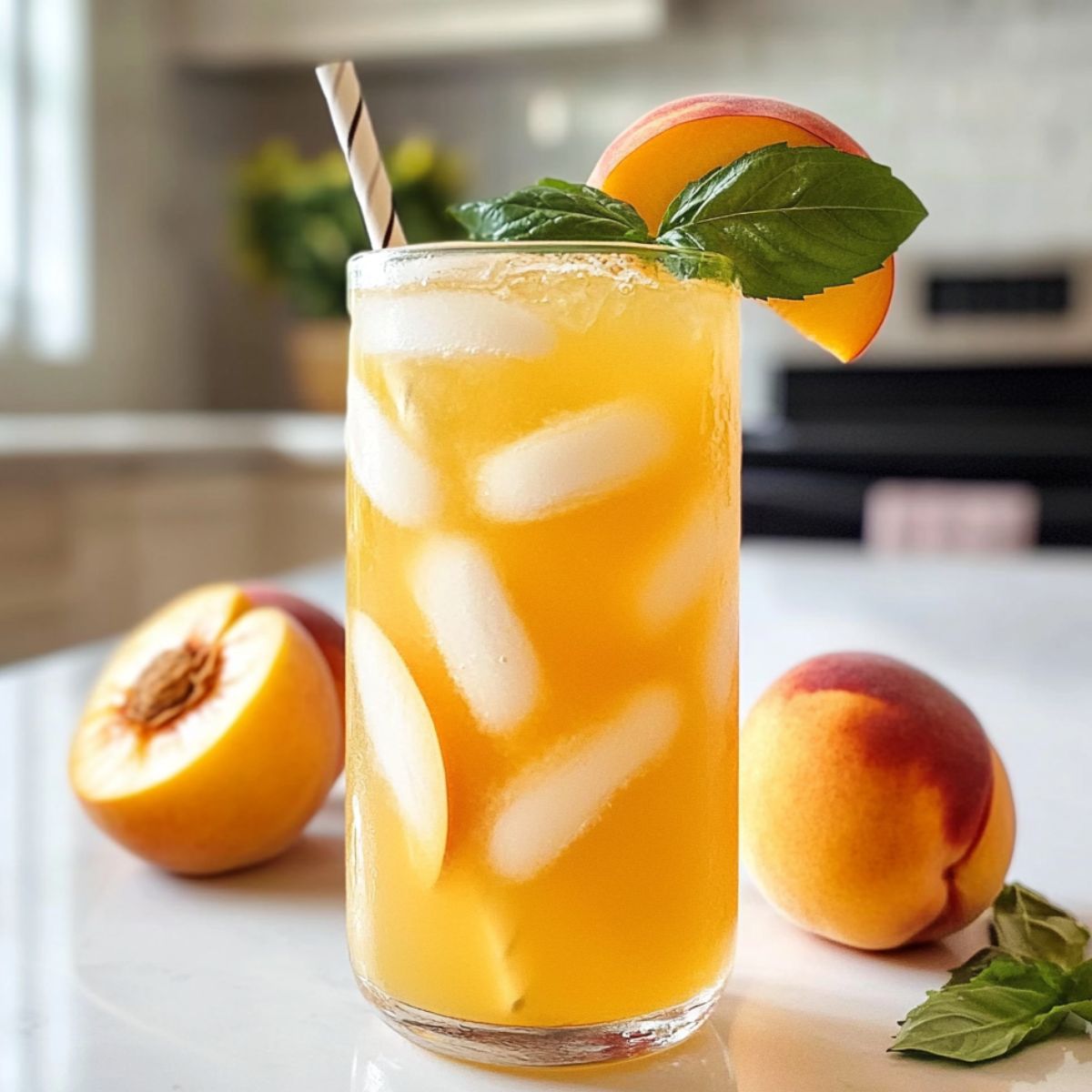 A homemade glass of peach green tea lemonade with fresh peach and lemon garnish on a white countertop.