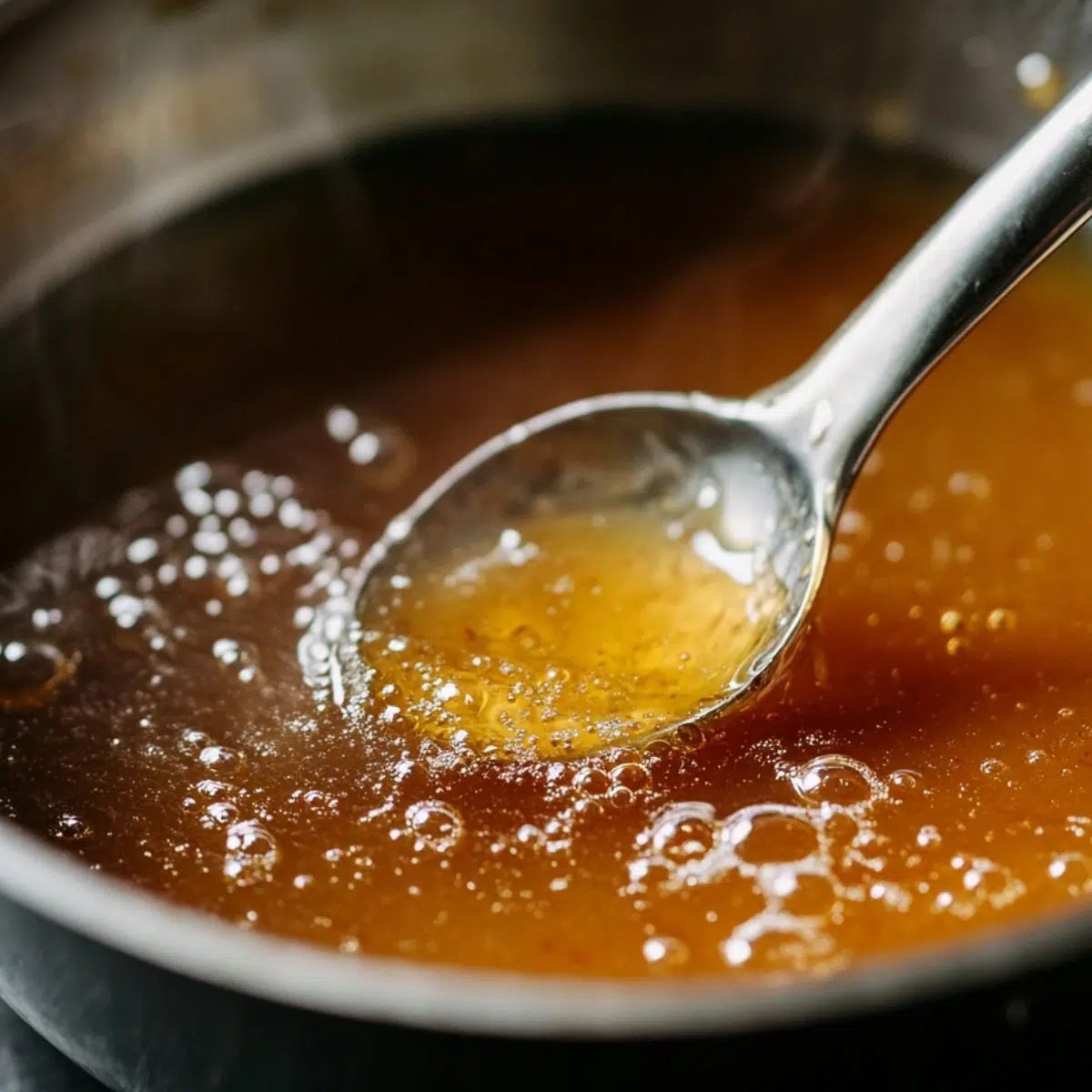 Small pot of spicy hot honey sauce simmering on the stove for chicken biscuits

