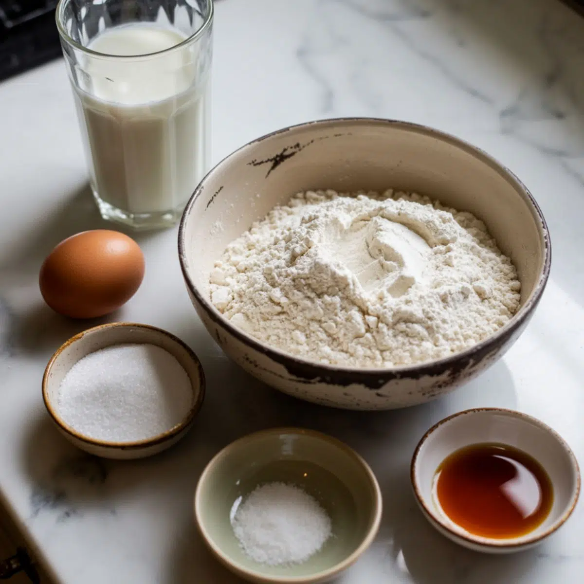 All ingredients for a 1 egg crepe recipe laid out on a counter: egg, flour, milk, butter, sugar, salt, and vanilla