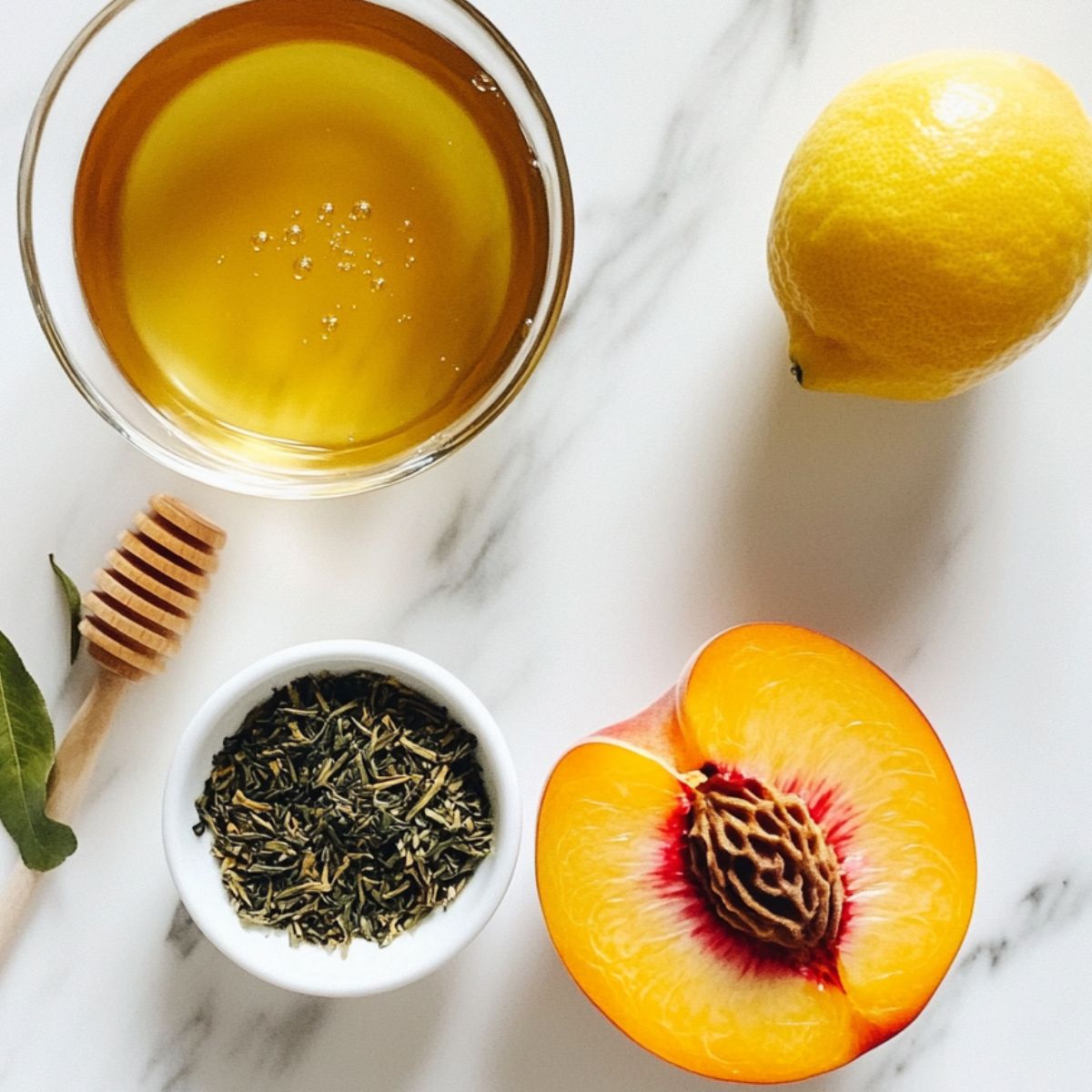  Ingredients for peach green tea lemonade spread out on a home kitchen counter in a top-down view.

