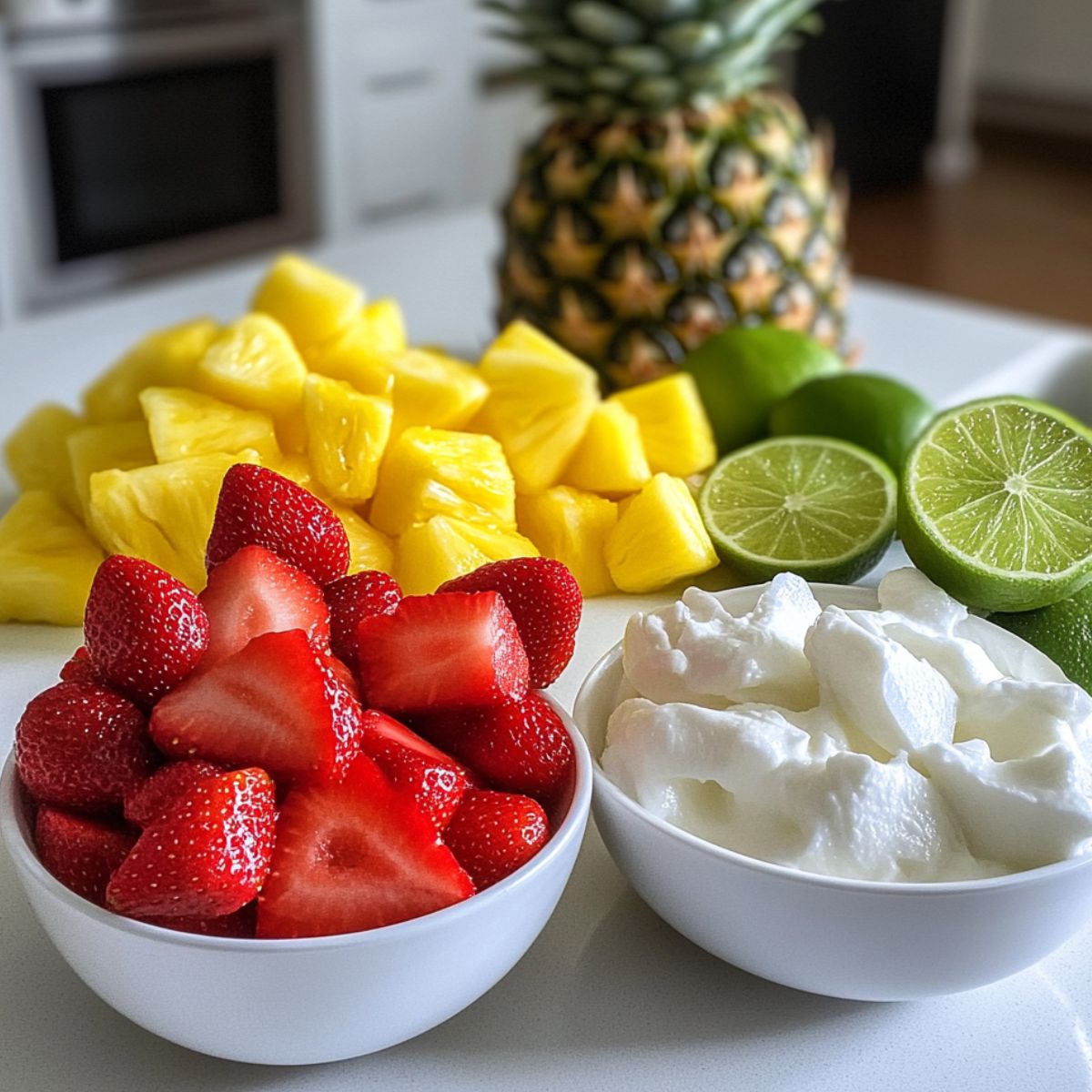 Flat lay of fresh ingredients for homemade strawberry pina colada on a kitchen counter