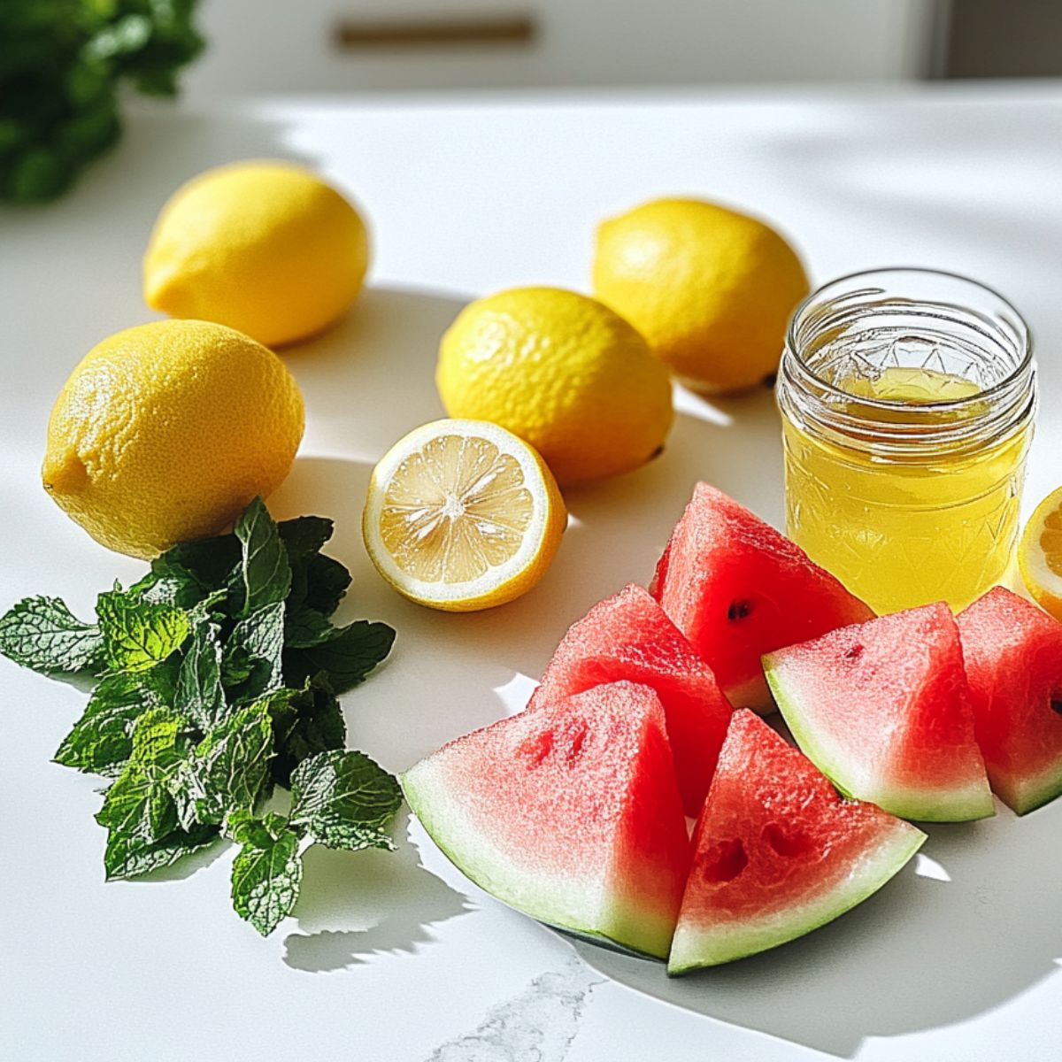 Fresh watermelon chunks, lemons, mint leaves, and honey on a white counter
