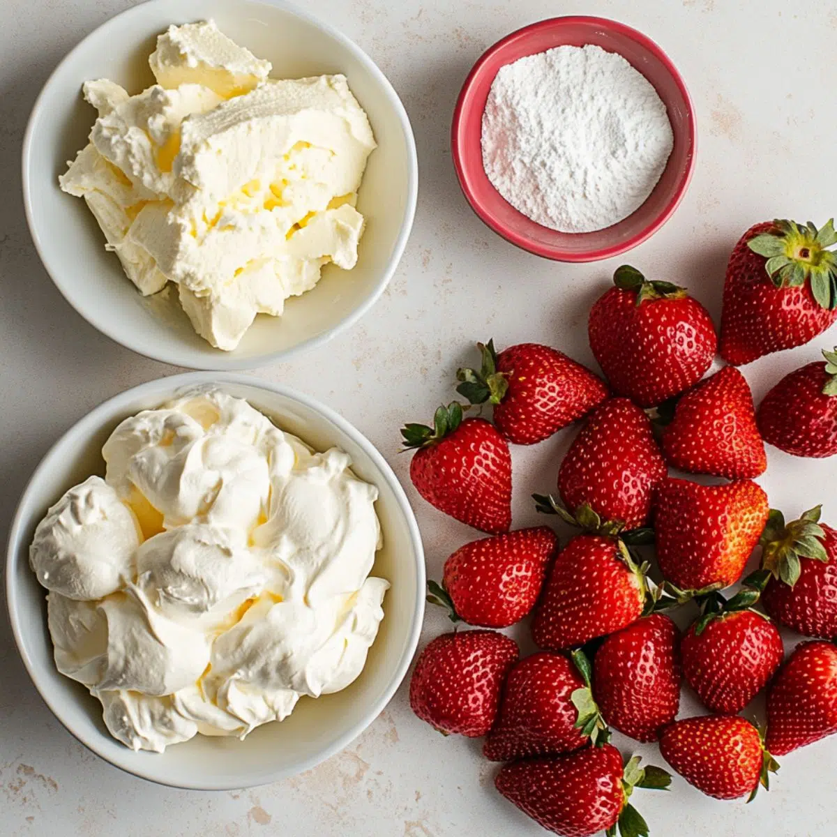 Ingredients for keto strawberry mousse laid out on a kitchen counter