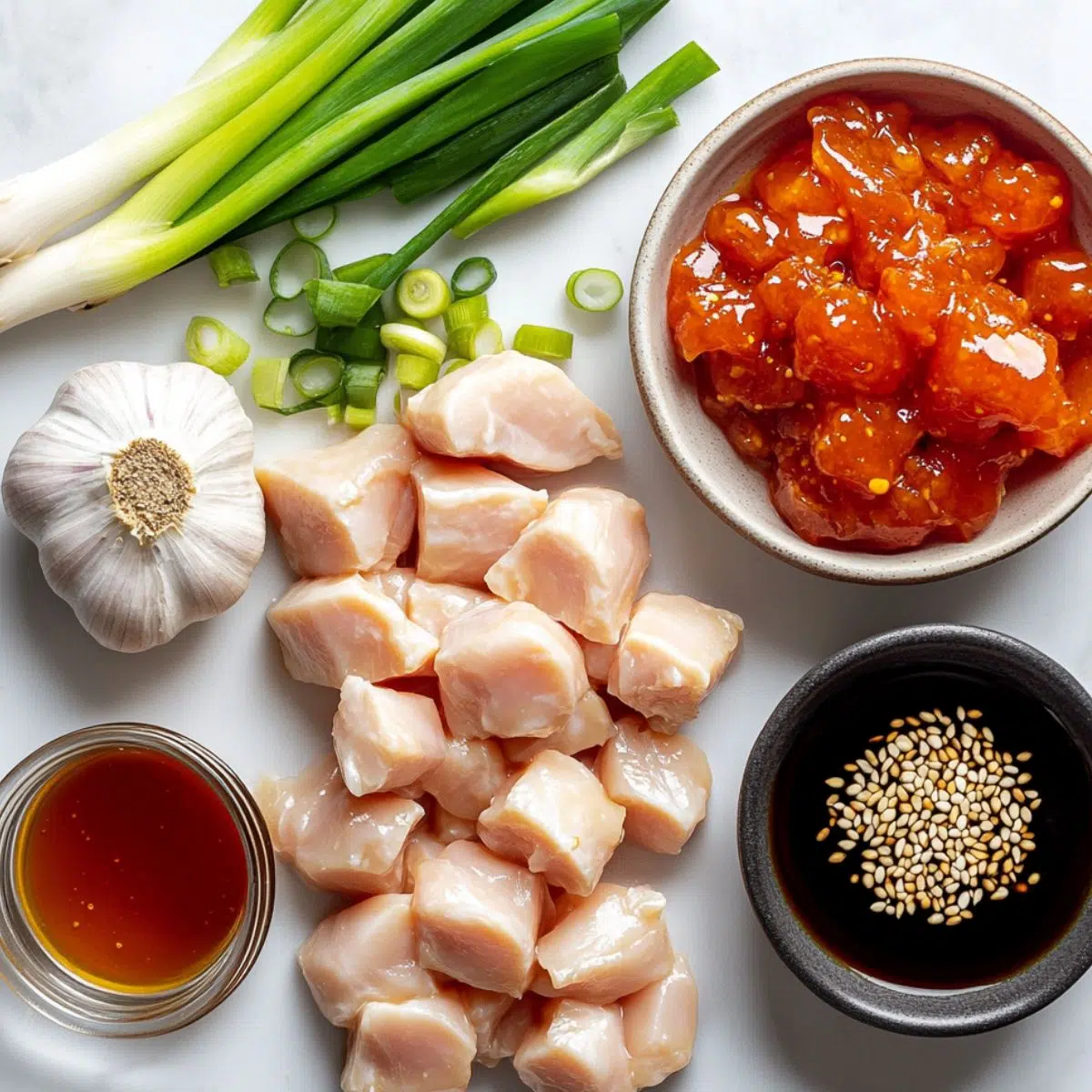 All ingredients for bang bang chicken skewers displayed on a counter in small bowls
