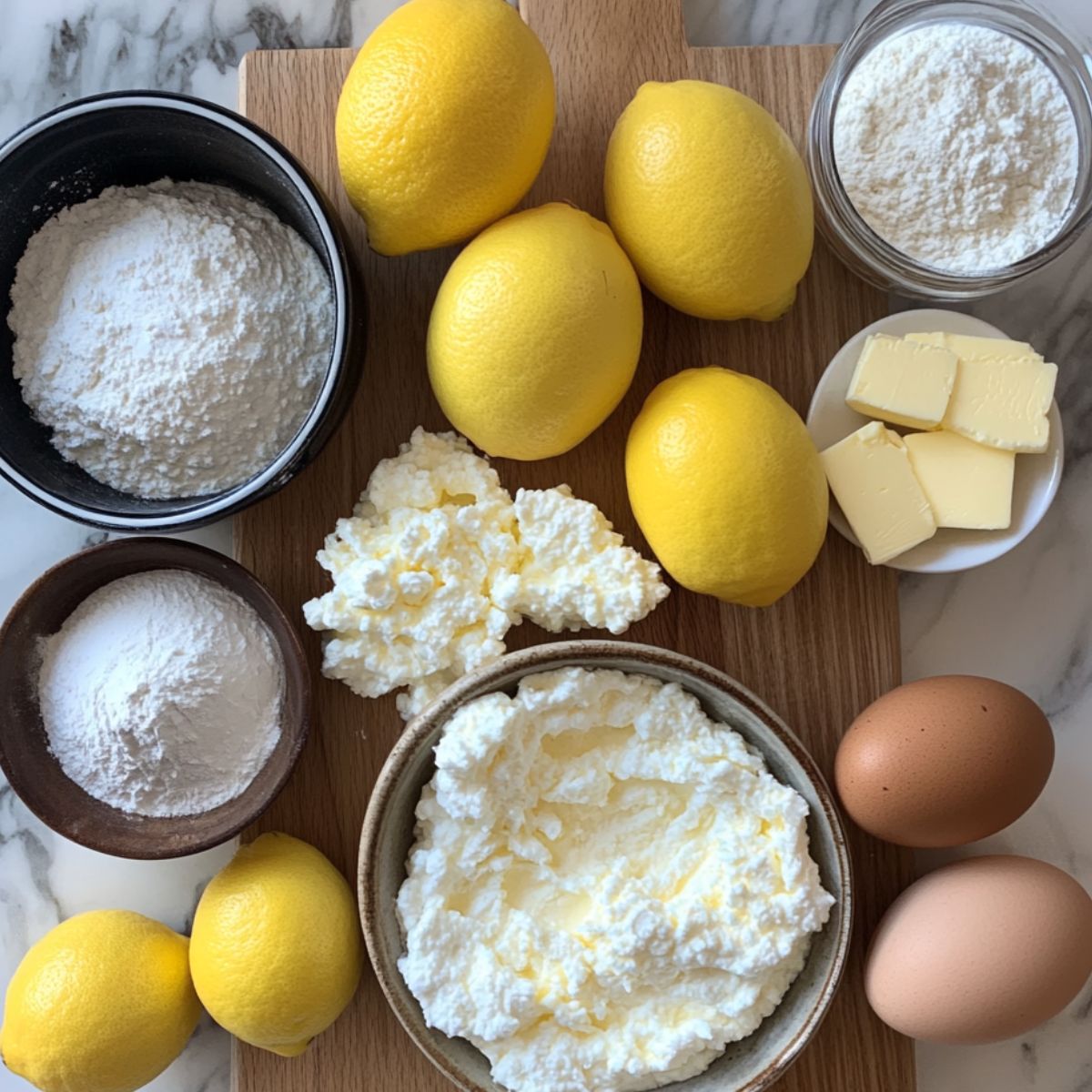 Ingredients laid out for making Lemon Curd Ricotta Pancakes