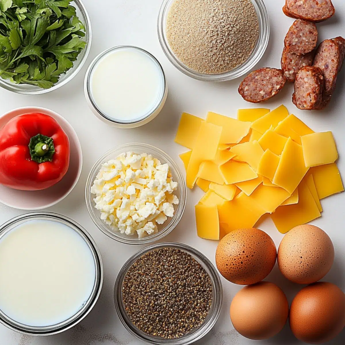  Ingredients laid out for making a gluten free egg and sausage casserole