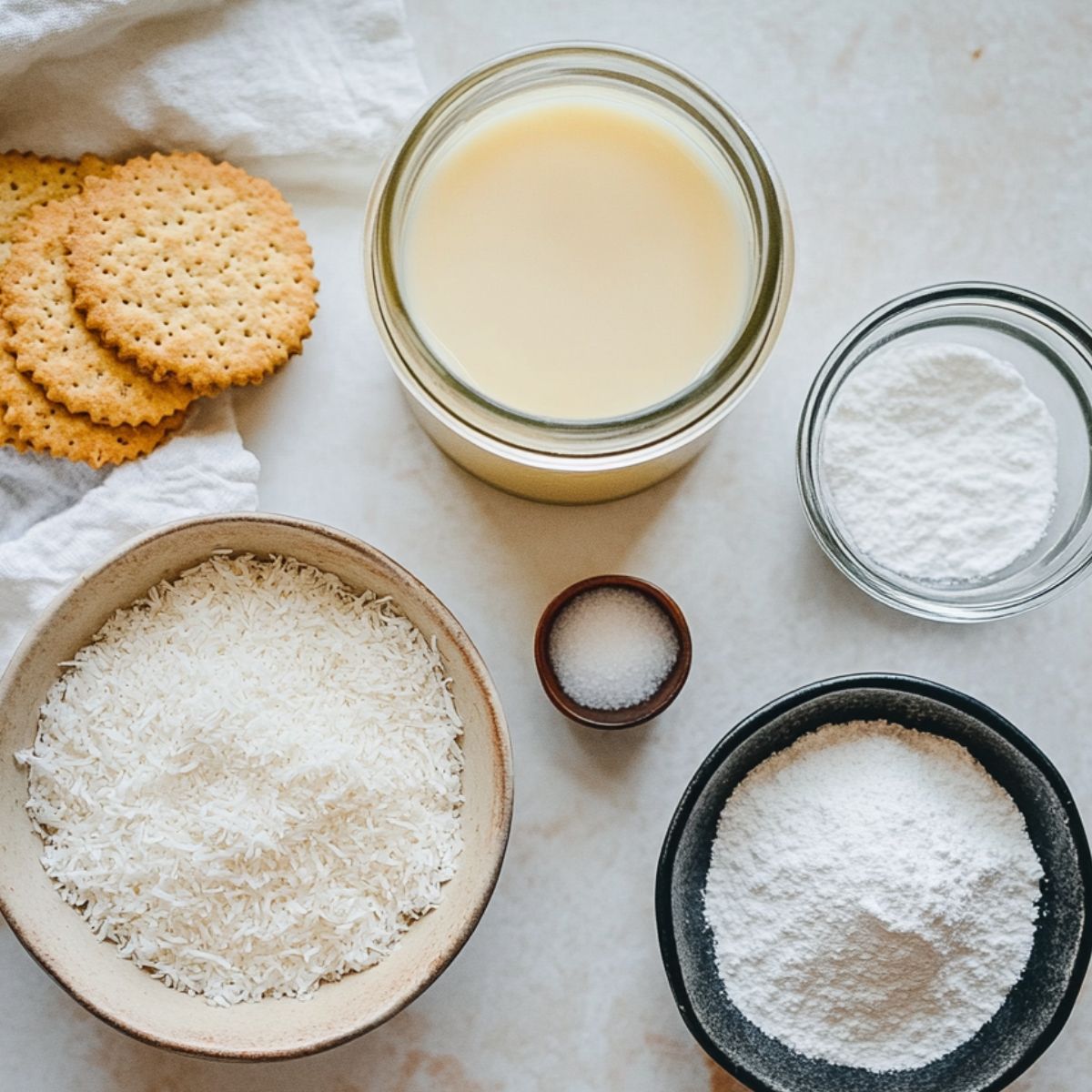 Ingredients laid out for making condensed milk snowballs, seen from above
