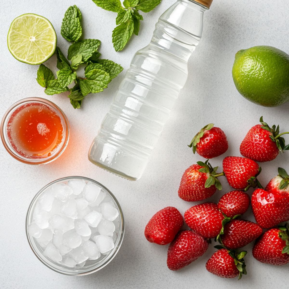 Strawberries, mint, lime, and other ingredients laid out for a strawberry mojito mocktail