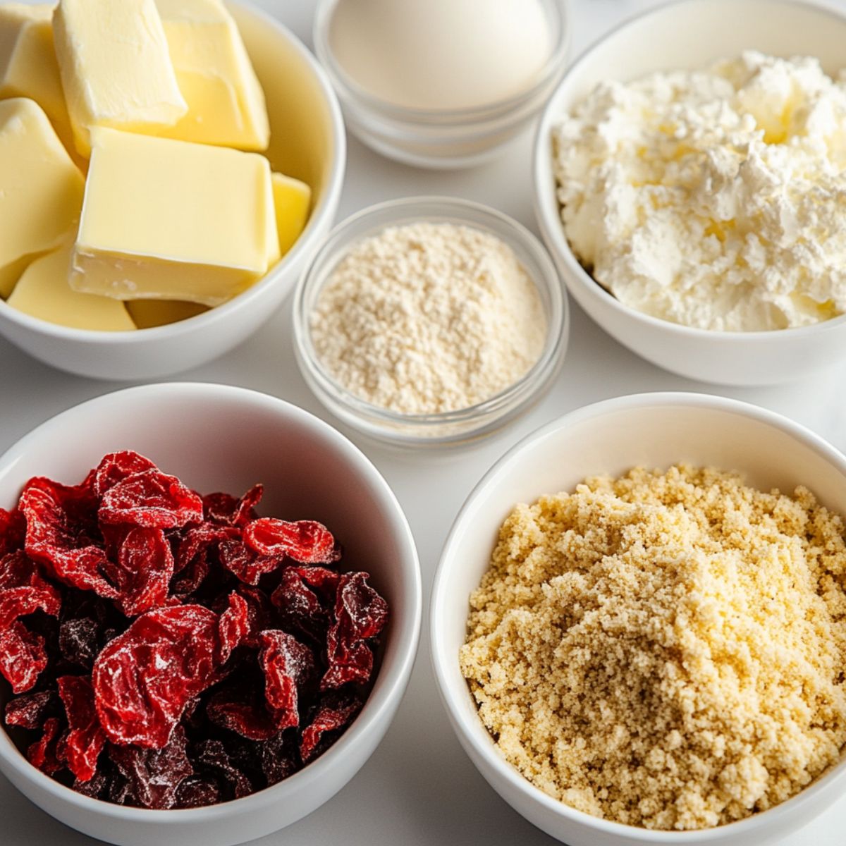 Ingredients laid out on a white kitchen counter for making strawberry cheesecake cookies