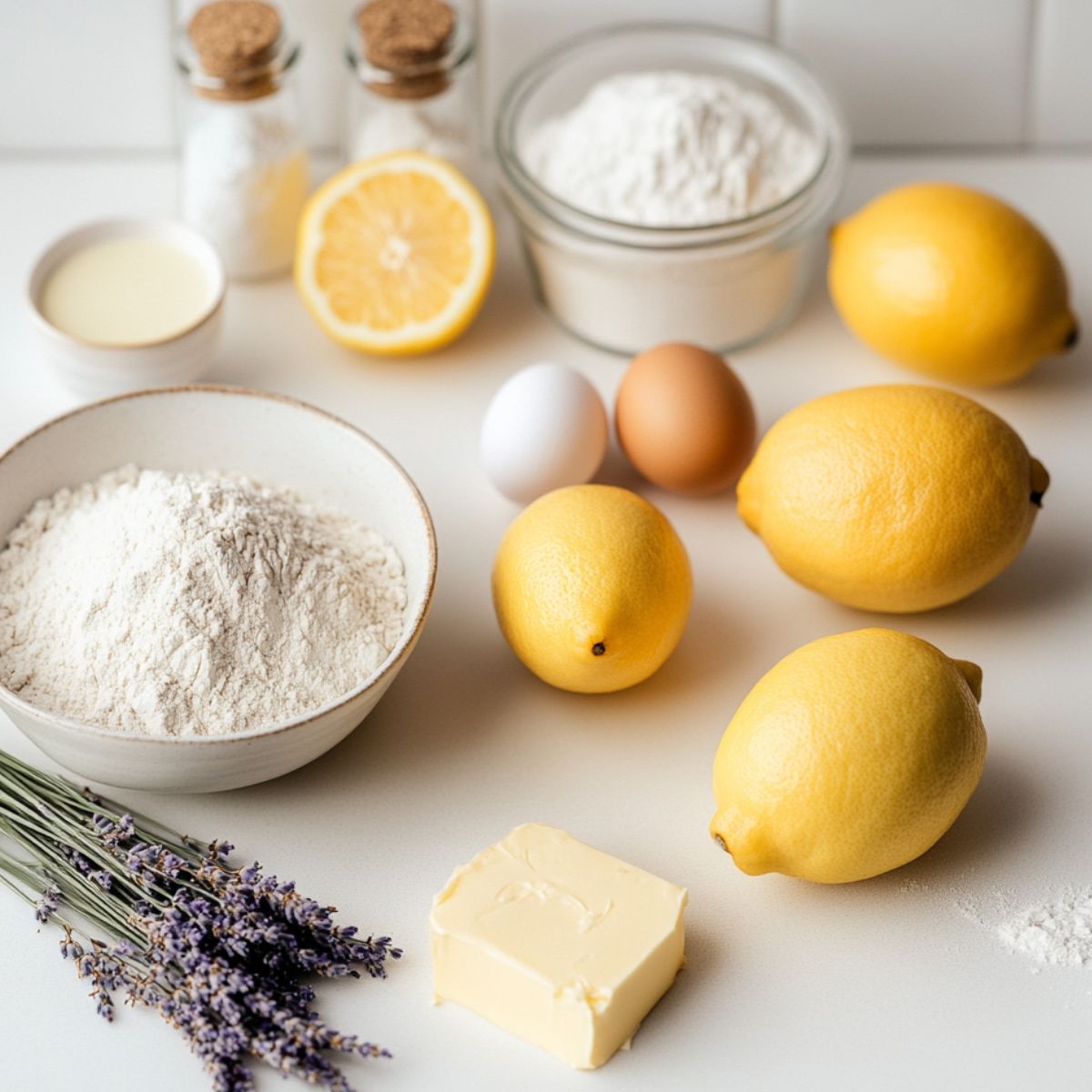Flat lay of fresh lemons, dried lavender, flour, sugar, eggs, and butter on a kitchen counter.