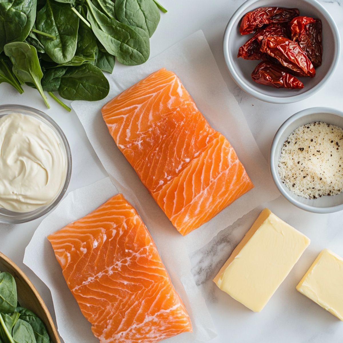 Flat lay of ingredients for Marry Me Salmon including salmon fillets, cream, garlic, and sundried tomatoes