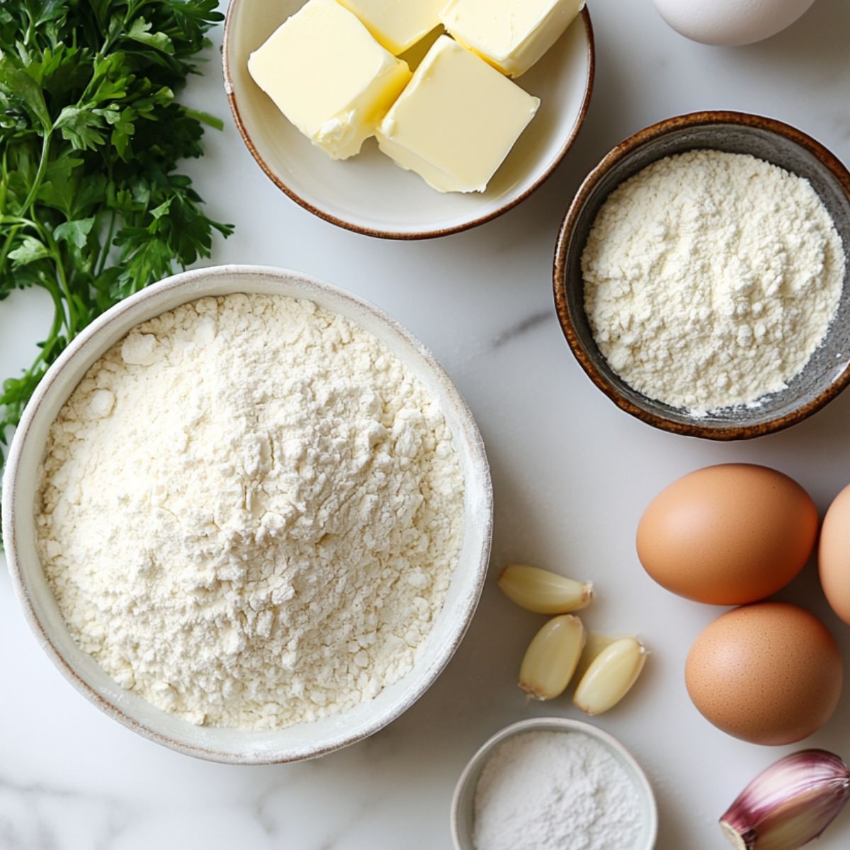 Ingredients for making garlic butter bread rolls laid out on a white counter