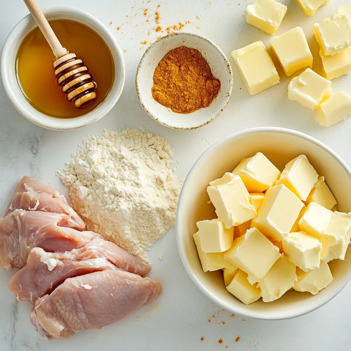 All ingredients for hot honey chicken biscuits arranged casually on a white kitchen counter
