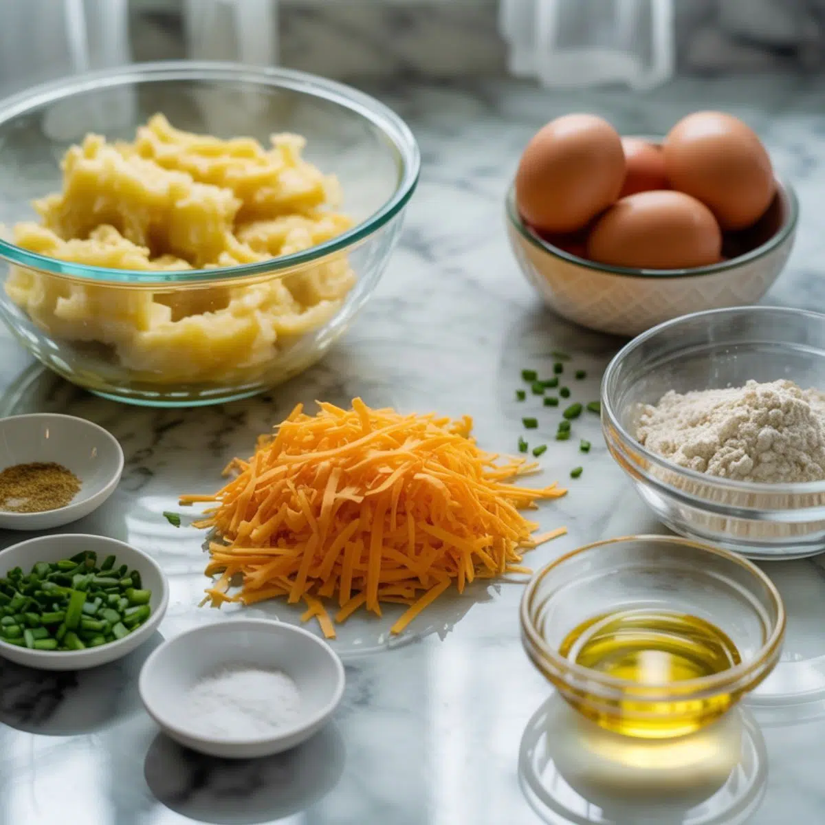 Casual layout of ingredients for potato cheese pancakes on a kitchen counter.