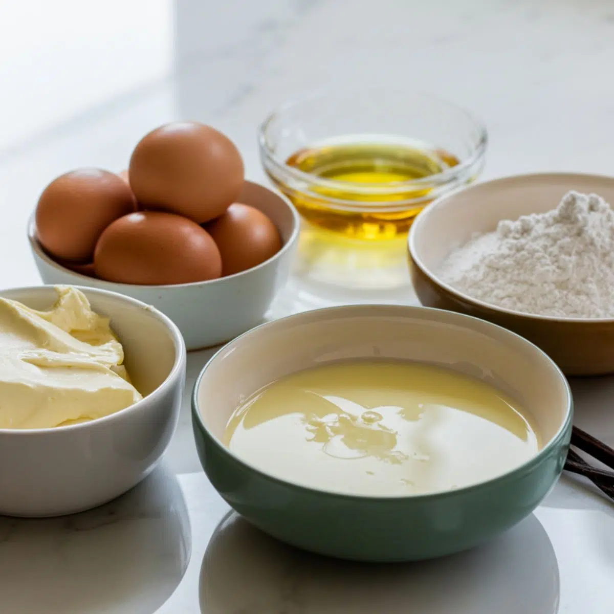Ingredients for red velvet cheesecake bites spread on a kitchen counter
