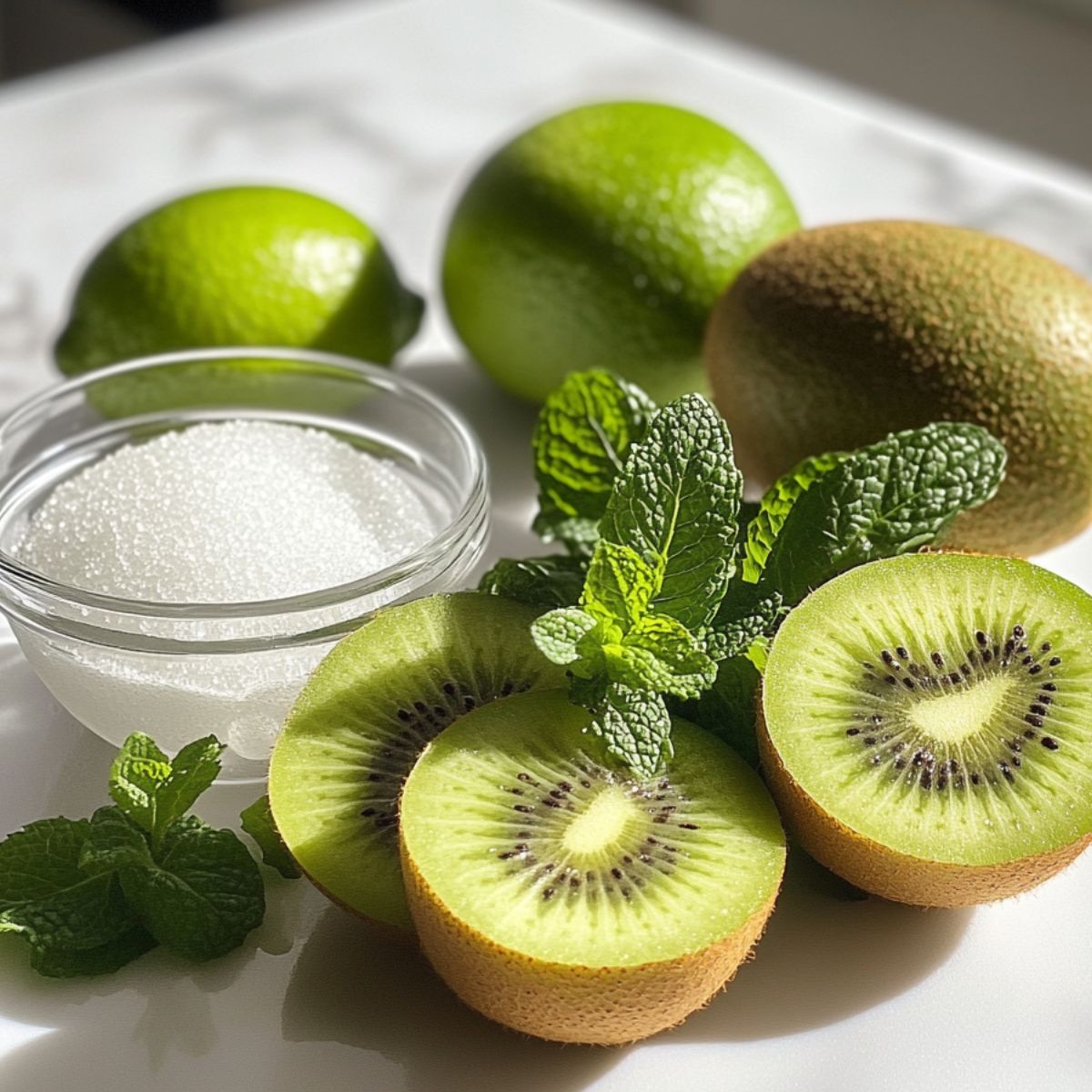 A flat lay of ingredients for a kiwi mint mojito: kiwi, mint, lime, sugar, and sparkling water.