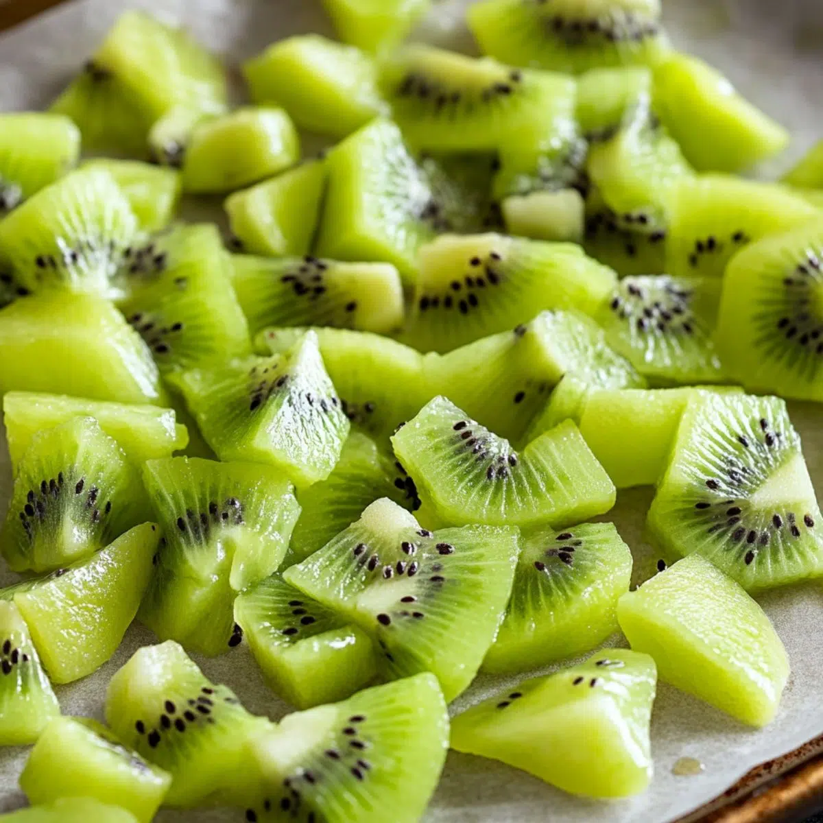 Chopped kiwi pieces on a parchment-lined baking tray, ready for freezing