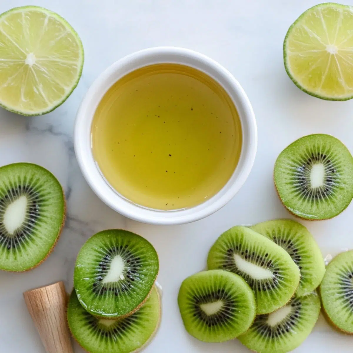 Flat lay of sliced kiwis, honey, and lime juice on a white countertop