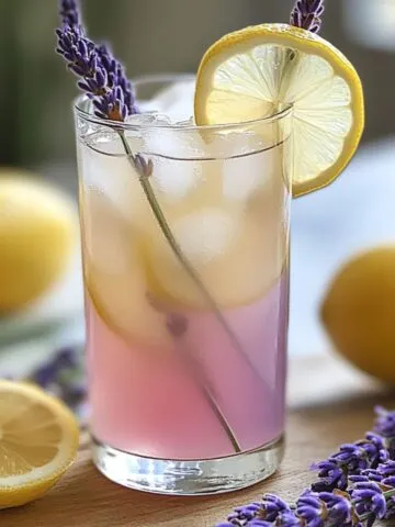 Homemade glass of lavender limeade with lime slices and lavender sprig on a white kitchen counter