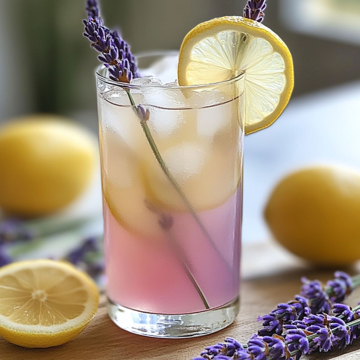 Homemade glass of lavender limeade with lime slices and lavender sprig on a white kitchen counter