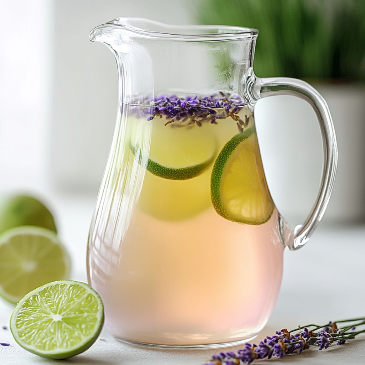 Mixing lime juice and lavender syrup in a pitcher