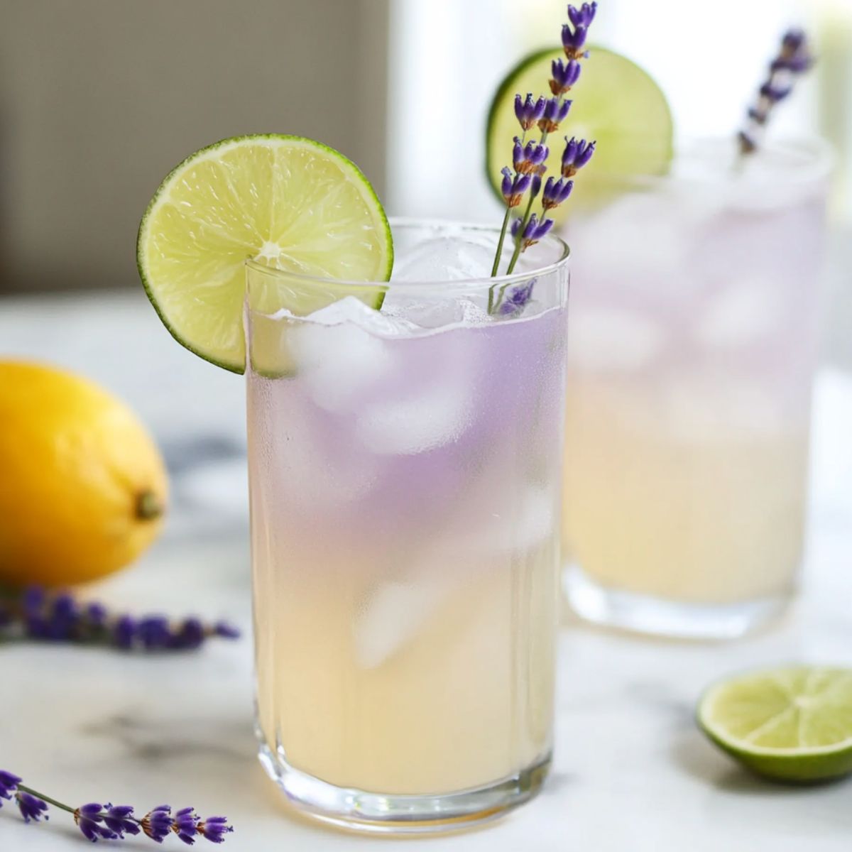 Glasses of lavender limeade garnished with lime and lavender