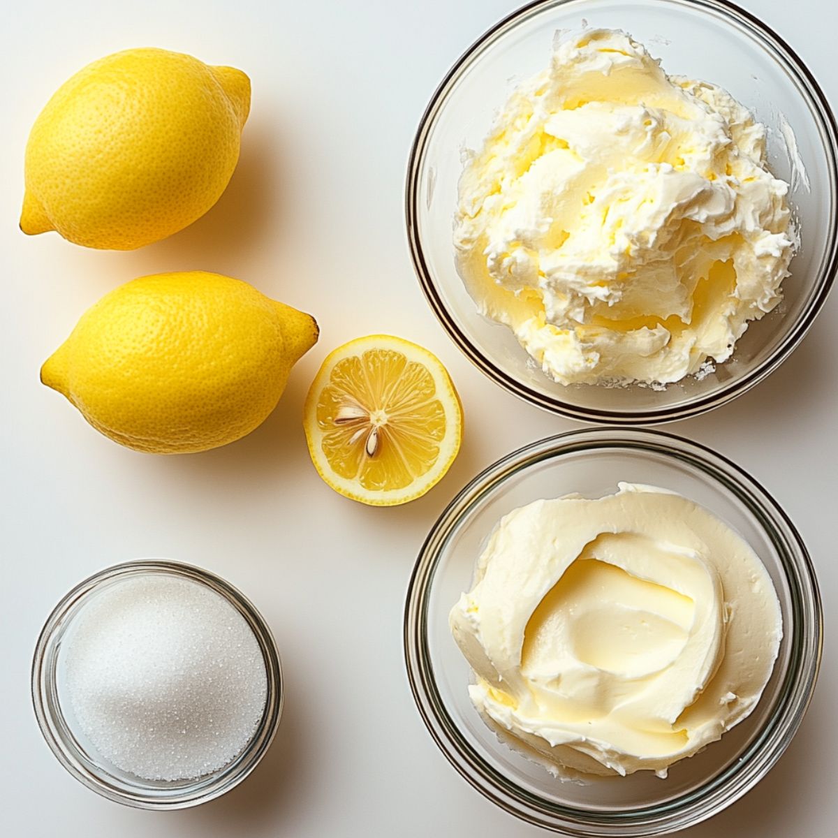 Flat lay of ingredients for lemon cheesecake mousse on a white kitchen counter.