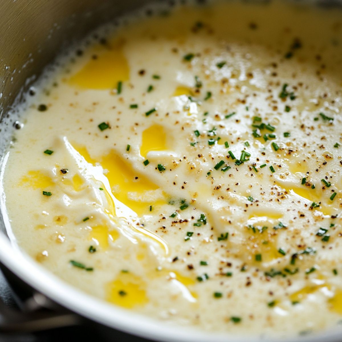 Cooking Alfredo sauce from scratch with butter, garlic, and cream.